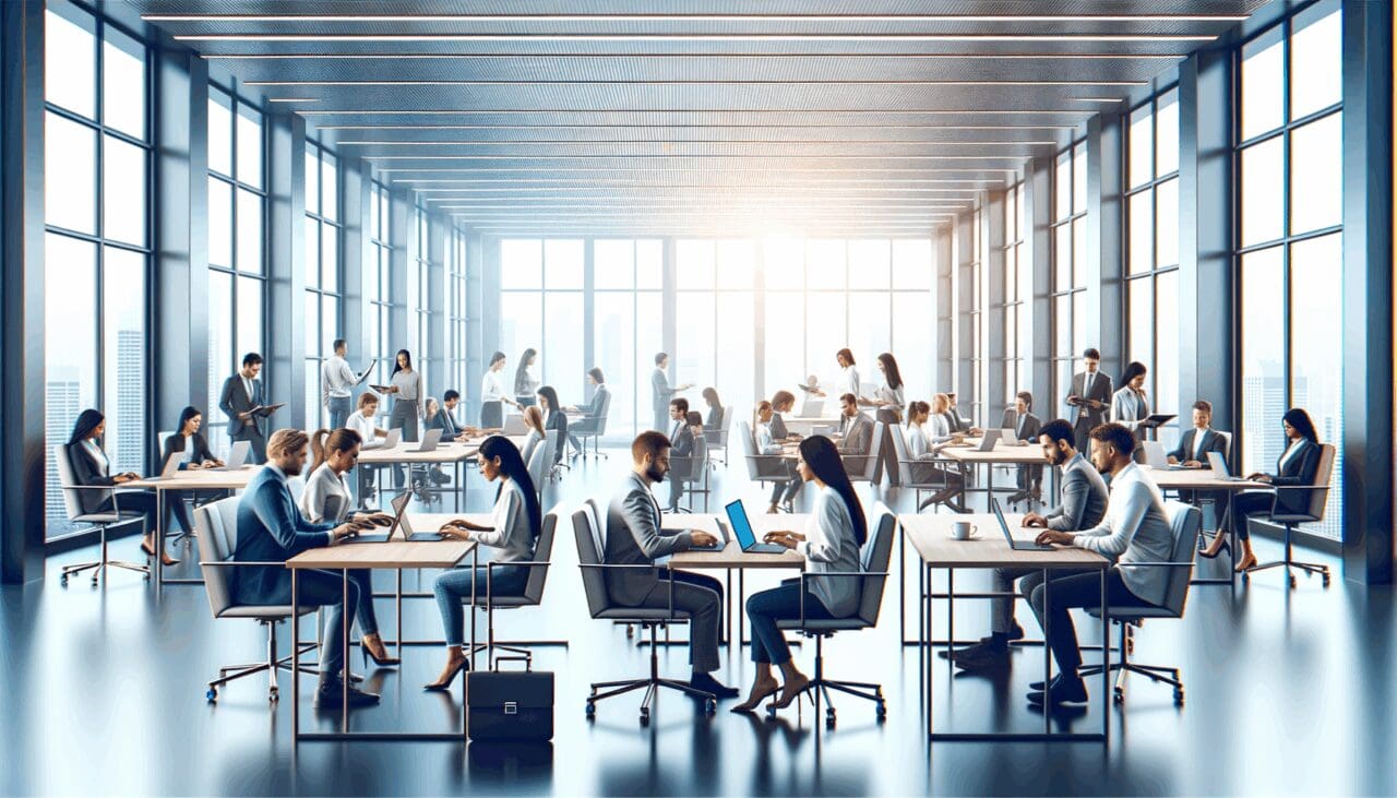 Sala de juntas con emprendedores trabajando en laptops, ambiente moderno y tecnológico.