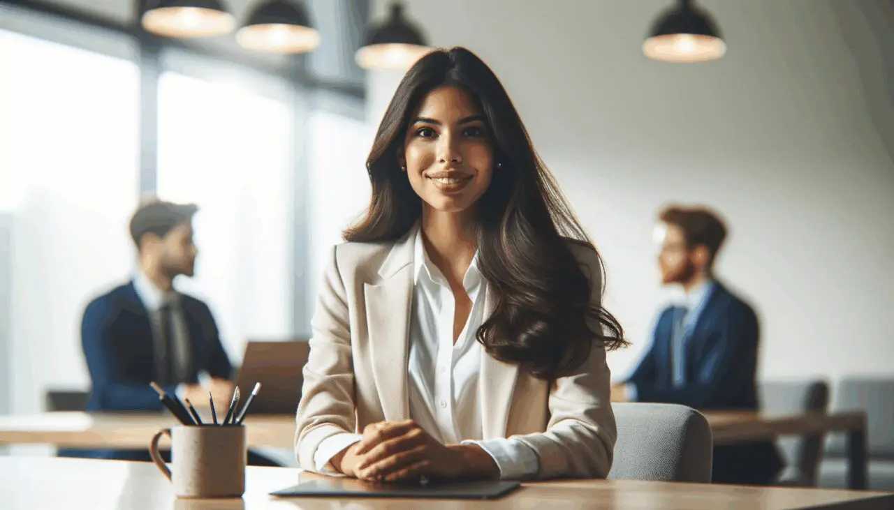 Retrato de una joven empresaria liderando una reunión en un moderno espacio de coworking.