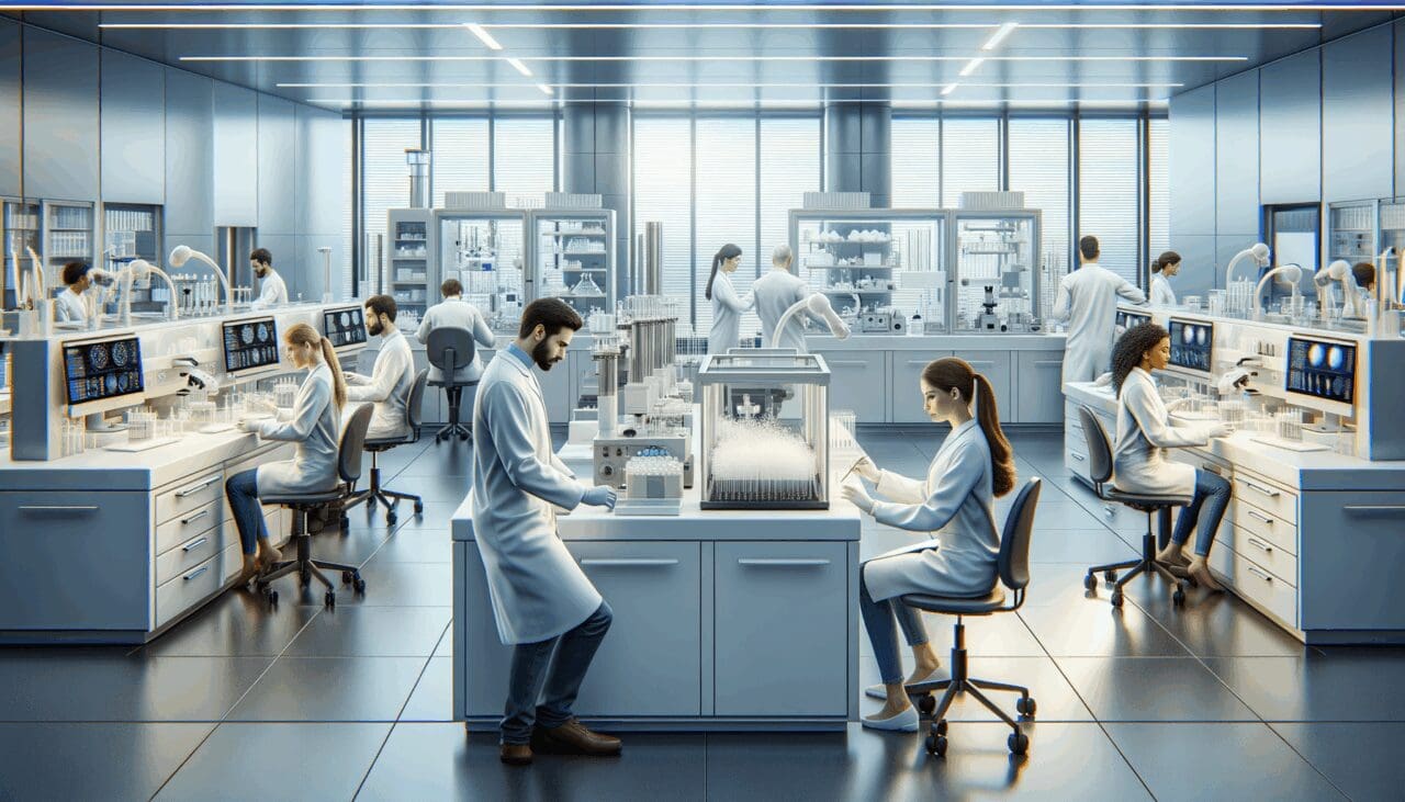 Laboratorio moderno con científicos trabajando en cultivos celulares y equipos biotecnológicos avanzados.