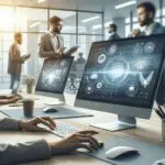 Primer plano de computadoras en oficina moderna, con emprendedores colaborando en tecnología.