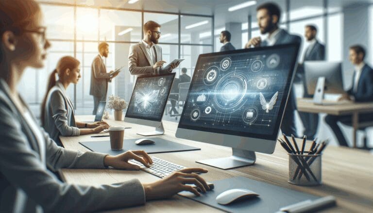 Primer plano de computadoras en oficina moderna, con emprendedores colaborando en tecnología.