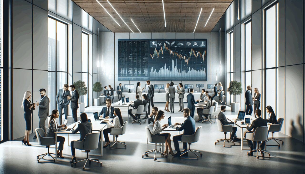 Oficinas modernas con emprendedores colaborando y pantallas mostrando datos financieros.