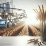 Primer plano de espigas de trigo en un campo abierto bajo luz natural, con instrumentos tecnológicos en segundo plano.