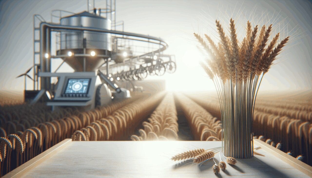 Primer plano de espigas de trigo en un campo abierto bajo luz natural, con instrumentos tecnológicos en segundo plano.