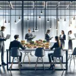 Mesa de trabajo con jóvenes empresarios revisando productos innovadores de alimentos y laptops, fondo moderno y luminoso.