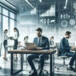 Equipo de emprendedores trabajando en laptops en una oficina moderna, fondo con pizarras y gráficos digitales.