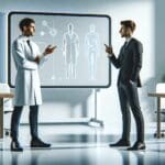 Dos personas, una con bata de laboratorio y otra con traje formal, conversando frente a una pizarra digital en una oficina moderna y luminosa.