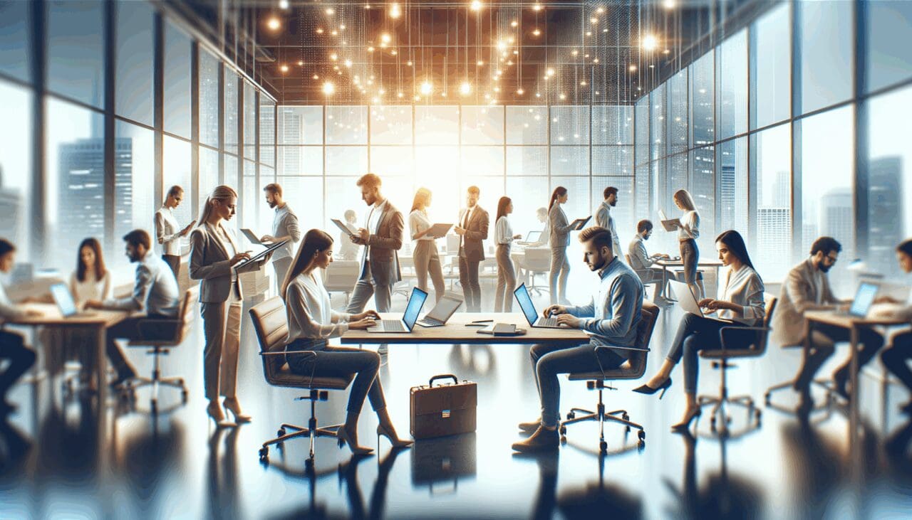 Oficina luminosa con equipo de emprendedores colaborando en laptops, ambiente innovador y tecnológico.