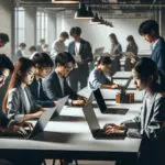 Oficina moderna con jóvenes profesionales asiáticos trabajando en laptops, ambiente tecnológico e internacional.