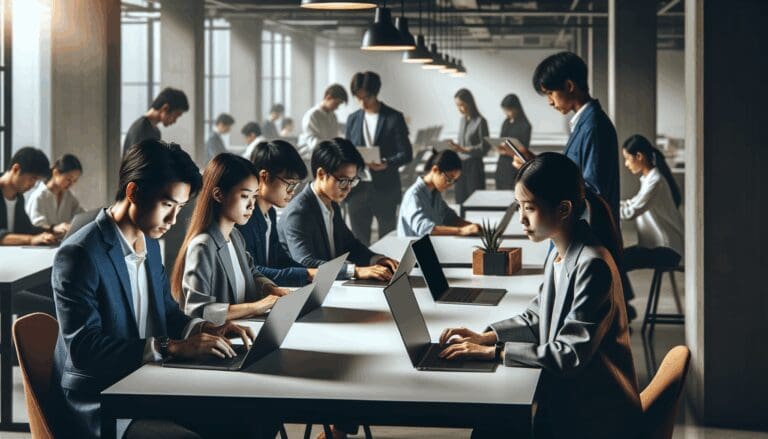 Oficina moderna con jóvenes profesionales asiáticos trabajando en laptops, ambiente tecnológico e internacional.