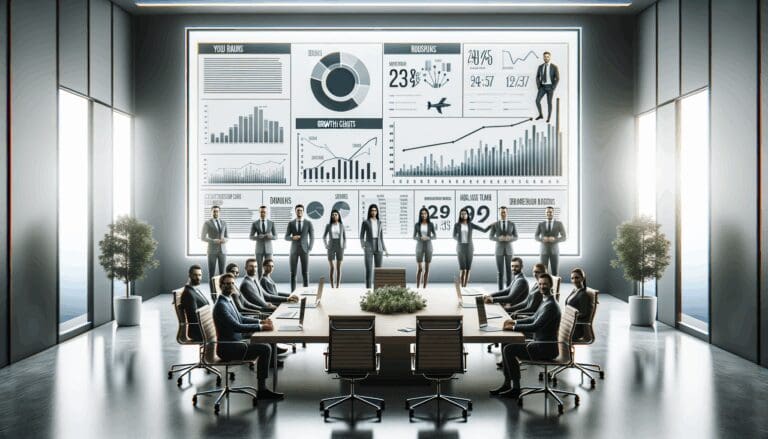 Equipo emprendedor en una sala de reuniones moderna, pantallas con gráficos de crecimiento al fondo.