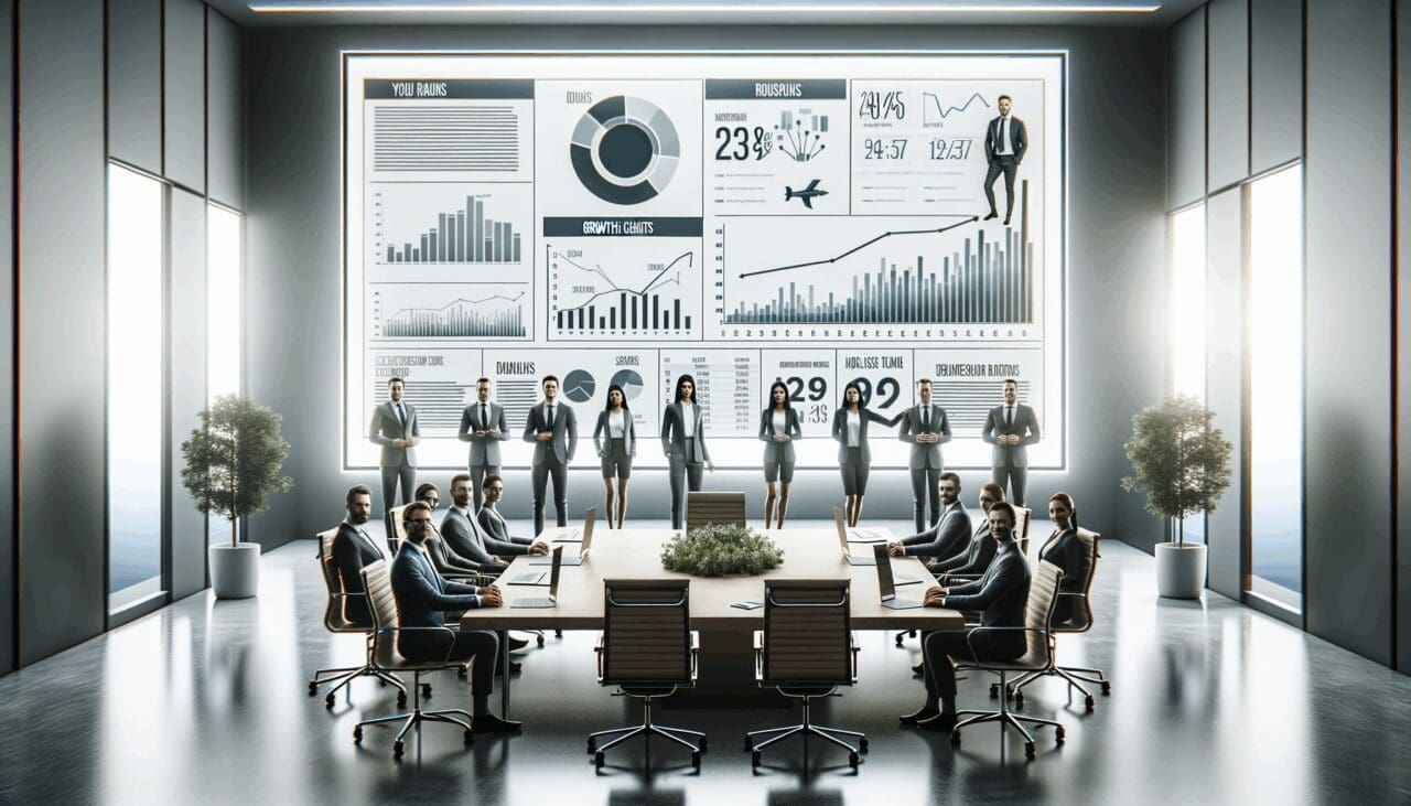 Equipo emprendedor en una sala de reuniones moderna, pantallas con gráficos de crecimiento al fondo.
