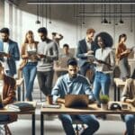 Grupo diverso de jóvenes emprendedores en un espacio de coworking moderno, rodeados de dispositivos tecnológicos en un ambiente dinámico.