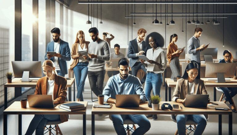 Grupo diverso de jóvenes emprendedores en un espacio de coworking moderno, rodeados de dispositivos tecnológicos en un ambiente dinámico.