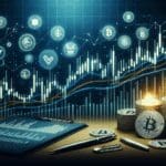 Gráfico digital con velas y curvas de precios sobre fondo oscuro, íconos de criptomonedas dispersos.