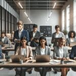 Grupo de emprendedores trabajando en una oficina moderna con laptops y pizarras electrónicas