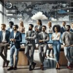 Equipo multicultural colaborando en una oficina moderna con pantallas mostrando datos en tiempo real y nube digital.