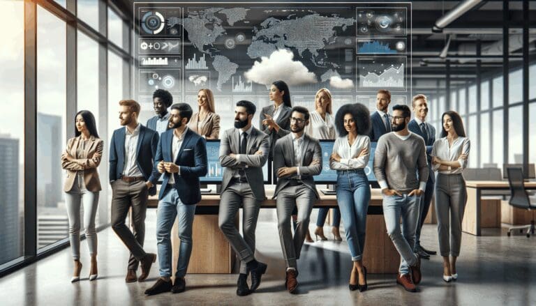 Equipo multicultural colaborando en una oficina moderna con pantallas mostrando datos en tiempo real y nube digital.