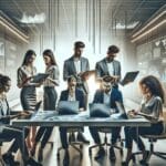 Equipo de jóvenes emprendedores revisando gráficos financieros en laptops, en una oficina moderna con detalles tecnológicos.