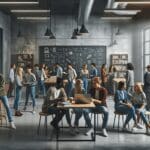 Personas jóvenes conversando en un espacio de coworking tecnológico moderno, laptop y pizarras a la vista.