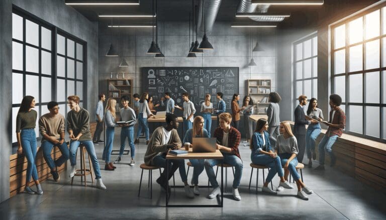 Personas jóvenes conversando en un espacio de coworking tecnológico moderno, laptop y pizarras a la vista.