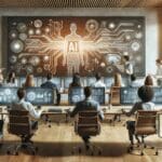 Equipo diverso de emprendedores trabajando en una sala moderna frente a computadoras con gráficos tecnológicos de IA.