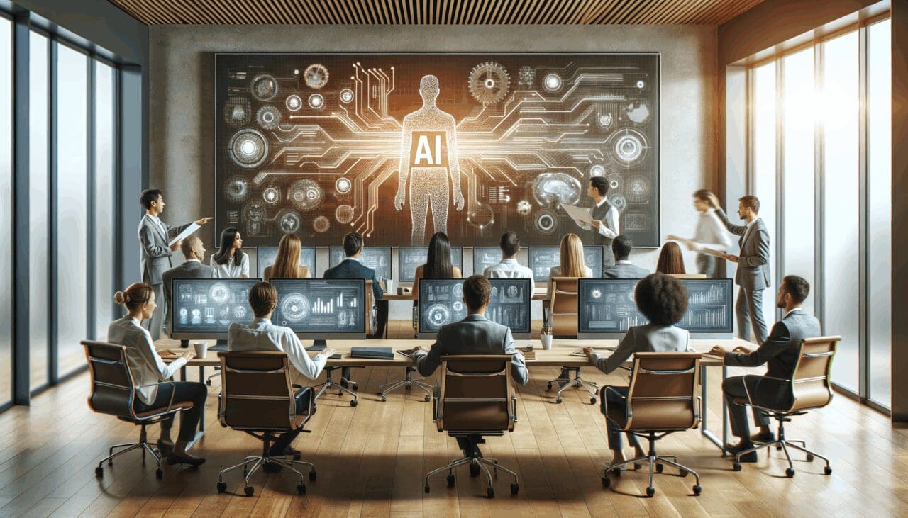 Equipo diverso de emprendedores trabajando en una sala moderna frente a computadoras con gráficos tecnológicos de IA.