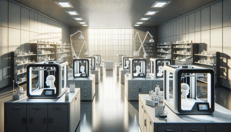 Laboratorio moderno con impresoras 3D trabajando en prototipos médicos.