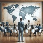 Un equipo multicultural reunido en una sala de reuniones moderna con mapas mundiales en pantalla.