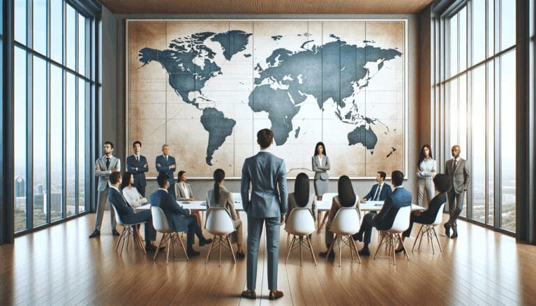 Un equipo multicultural reunido en una sala de reuniones moderna con mapas mundiales en pantalla.