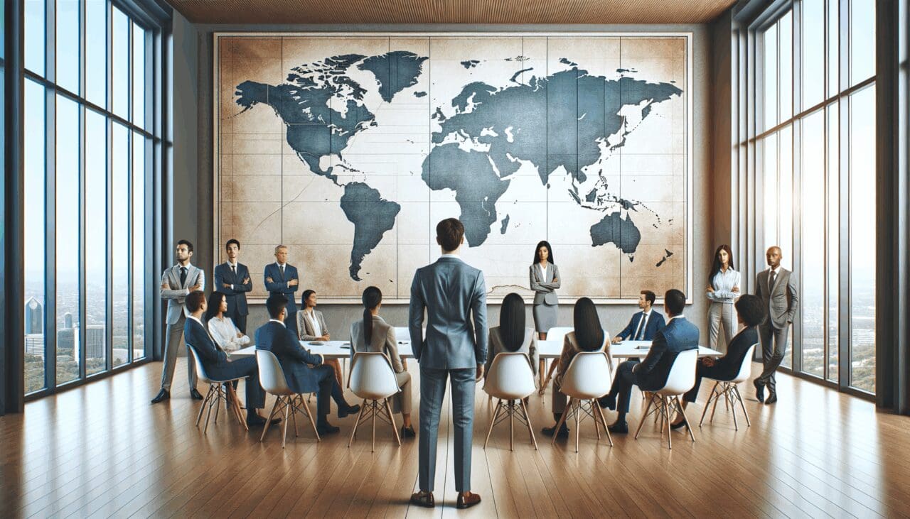 Un equipo multicultural reunido en una sala de reuniones moderna con mapas mundiales en pantalla.