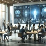 Emprendedores colaborando en una oficina moderna con pantallas que muestran gráficos de inteligencia artificial.