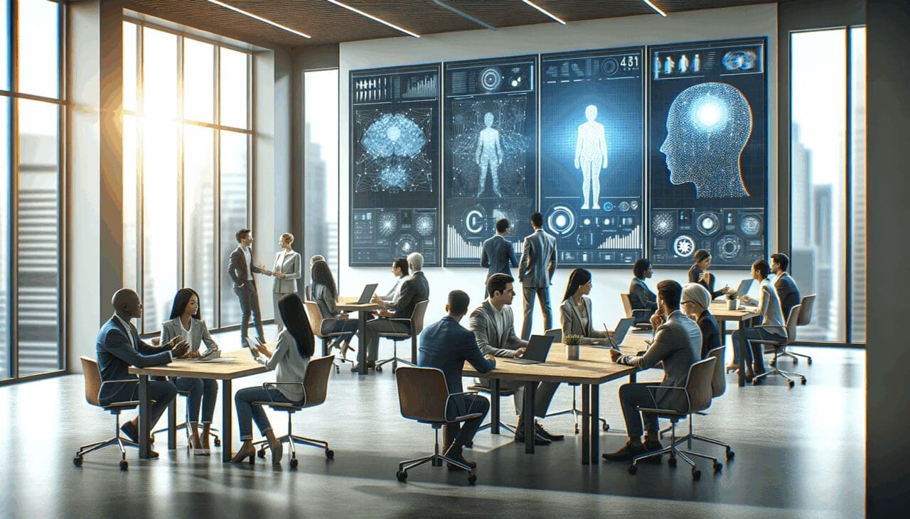 Emprendedores colaborando en una oficina moderna con pantallas que muestran gráficos de inteligencia artificial.