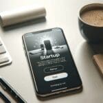 Aplicación de una startup en un smartphone en un escritorio moderno con un teclado y una taza de café.