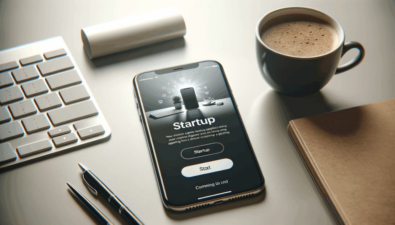 Aplicación de una startup en un smartphone en un escritorio moderno con un teclado y una taza de café.