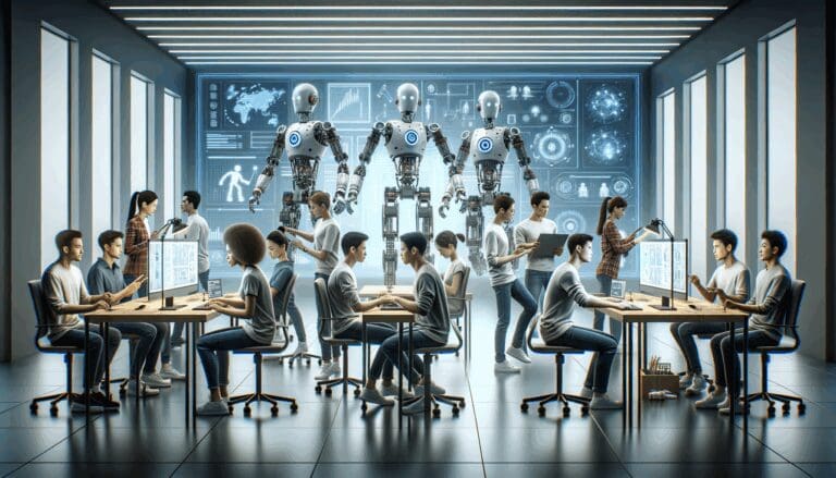 Equipo de jóvenes desarrolladores en laboratorio con robots y pantallas digitales de datos sobre inteligencia artificial.