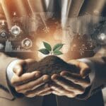 Primer plano de manos sosteniendo tierra fértil con fondo natural y tono tecnológico.
