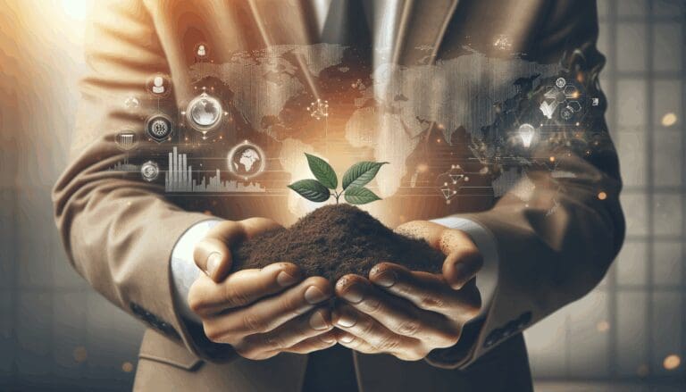 Primer plano de manos sosteniendo tierra fértil con fondo natural y tono tecnológico.