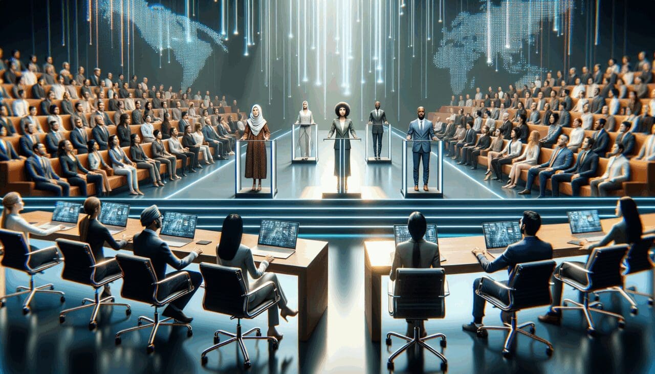Panel de jueces evaluando a emprendedores en un auditorio moderno, ambiente vibrante y tecnológico.