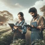 Trabajadores de campo usando tabletas digitales en un paisaje rural, con elementos tecnológicos y naturaleza.