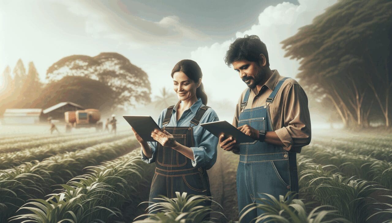 Trabajadores de campo usando tabletas digitales en un paisaje rural, con elementos tecnológicos y naturaleza.