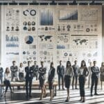 Retrato editorial de un equipo emprendedor reunido en una oficina moderna, con gráficos y pantallas de aplicaciones, fondo neutro y profesional.