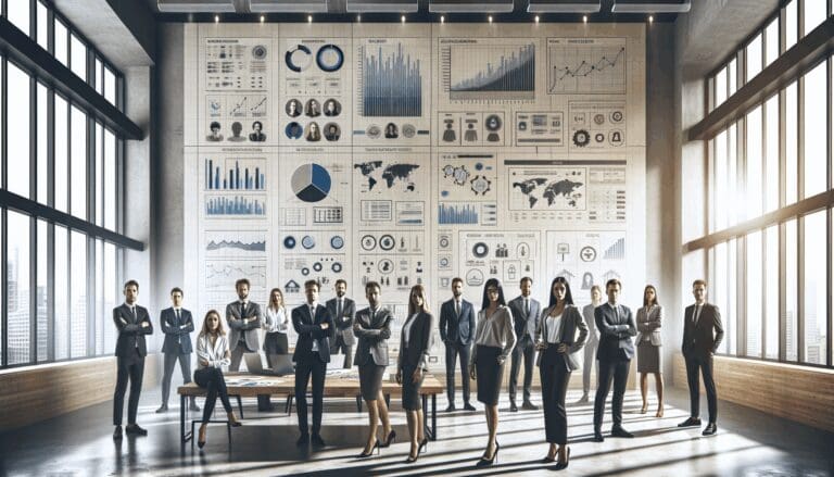 Retrato editorial de un equipo emprendedor reunido en una oficina moderna, con gráficos y pantallas de aplicaciones, fondo neutro y profesional.