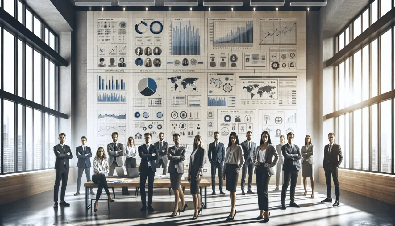 Retrato editorial de un equipo emprendedor reunido en una oficina moderna, con gráficos y pantallas de aplicaciones, fondo neutro y profesional.
