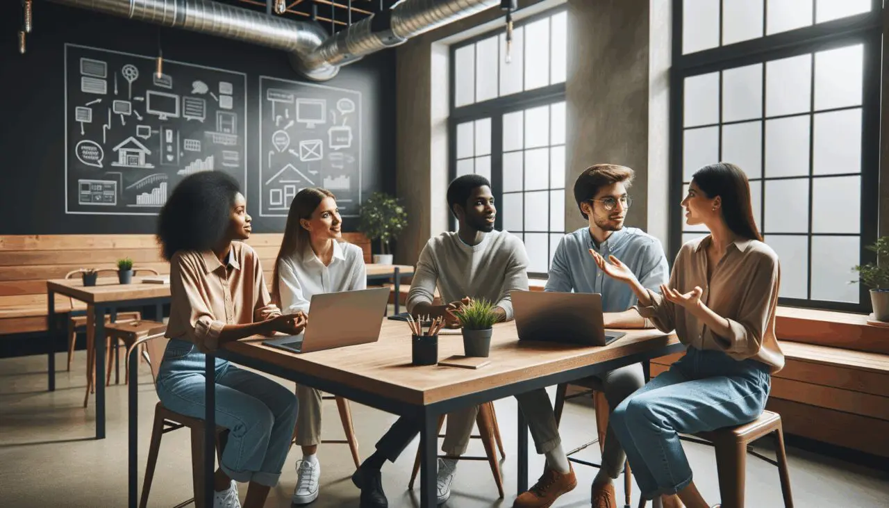 Emprendedores jóvenes conversando en un espacio de coworking moderno con laptops y pizarras.