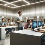 Jóvenes jugando videojuegos educativos en un moderno laboratorio de tecnología.