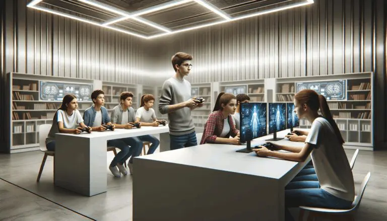 Jóvenes jugando videojuegos educativos en un moderno laboratorio de tecnología.