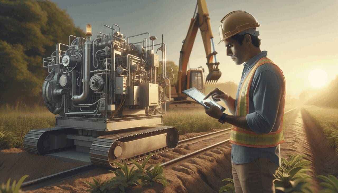 Trabajador en terreno usando una tablet digital junto a maquinaria industrial en un entorno natural.