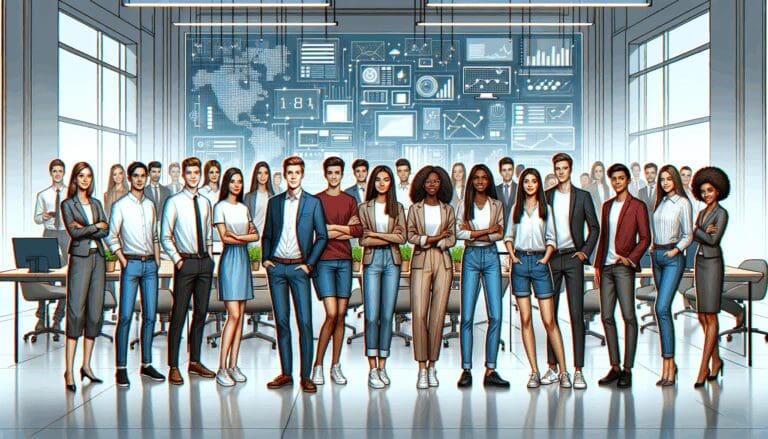 Ilustración de jóvenes emprendedores en un espacio de coworking moderno con pantallas y gráficos tecnológicos.