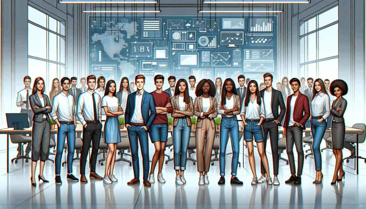 Ilustración de jóvenes emprendedores en un espacio de coworking moderno con pantallas y gráficos tecnológicos.